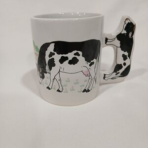 Vintage Enesco Cow Coffee Mug Cow Shaped Handle Holstein Farm Dairy 12 Oz GUC